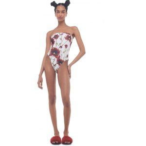 Norma Kamali Bishop Strapless 1 Piece Swimsuit in White Poppy Size Small
